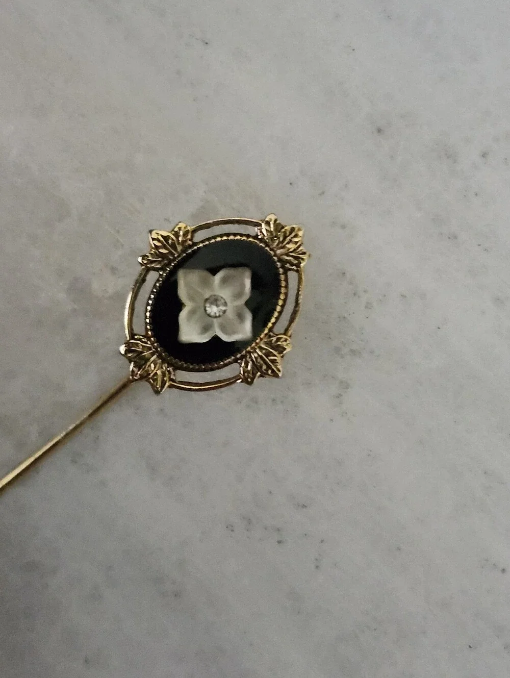 Vintage Gold Tone Floral Stick Pin with Black and White Accents
